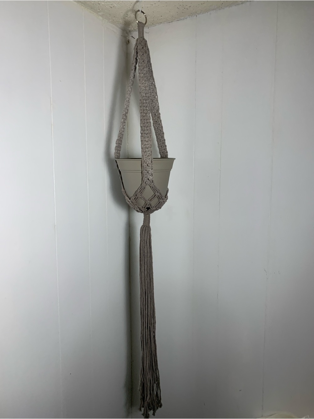 Taupe Macrame Plant Hanger with Taupe Pot. NEW.